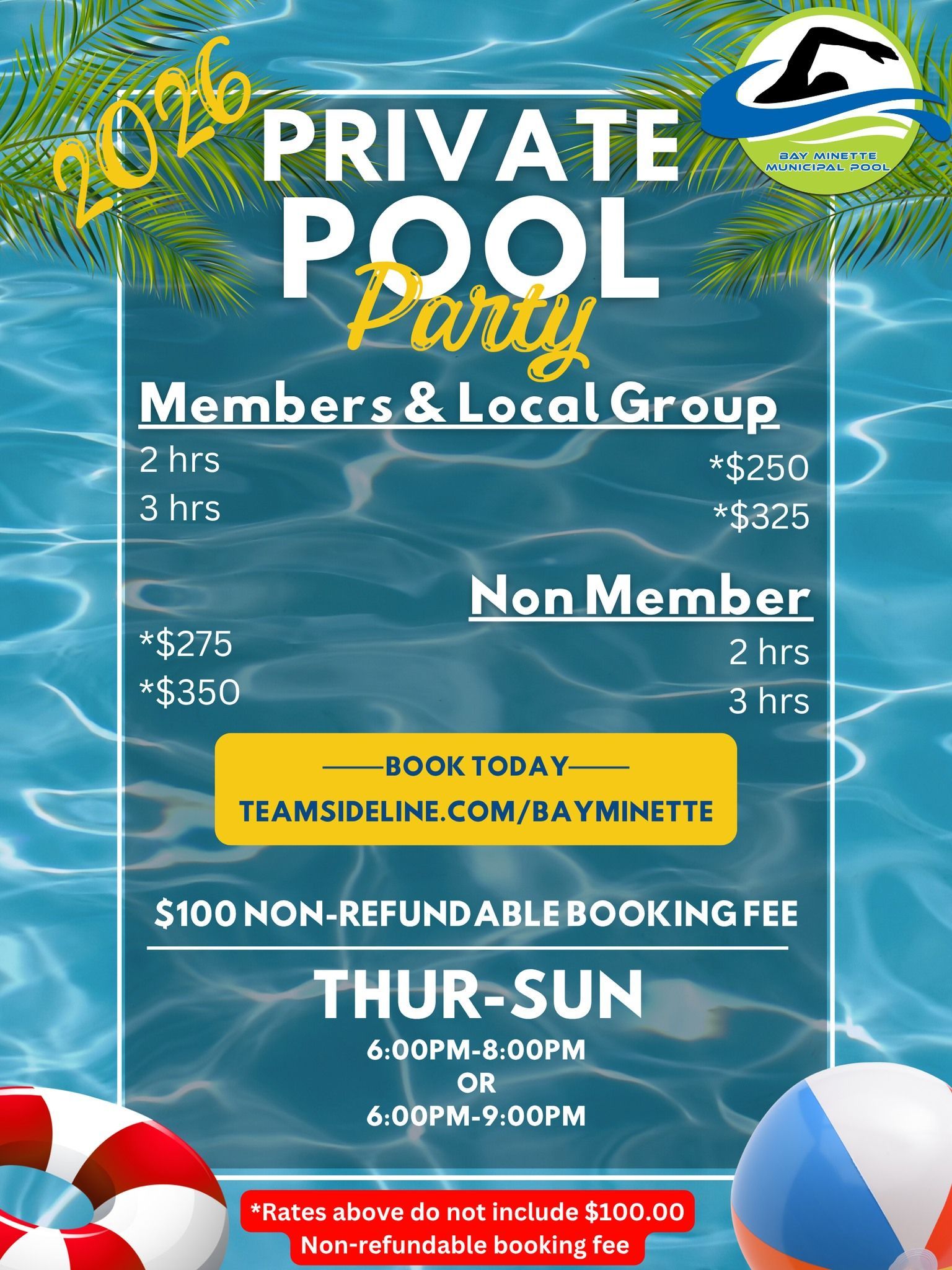 Private pool party flyer with teal water background, event pricing, dates, and a beach ball at the bottom.
