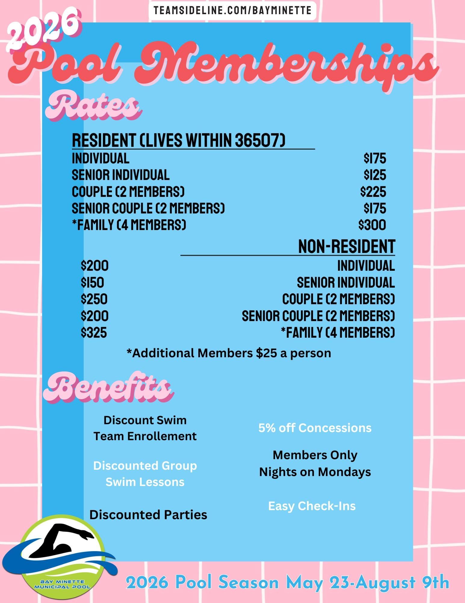 2026 Pool Membership Rates flyer in pink and blue with resident, non-resident, and benefits details