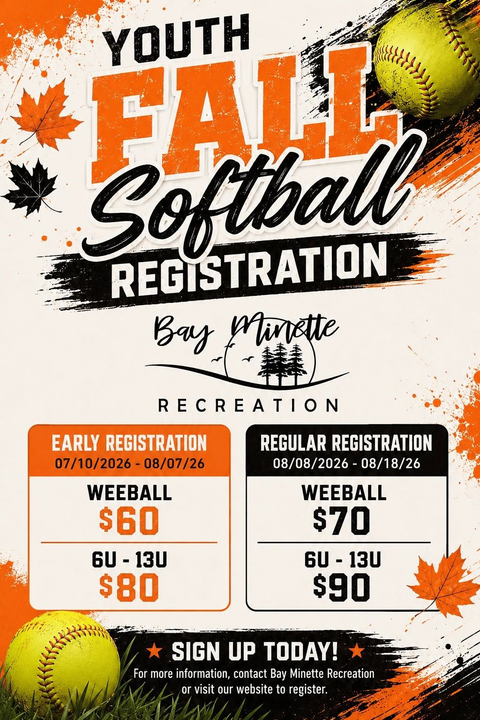 Youth fall softball registration flyer with dates, team divisions, and fees on a white/orange background