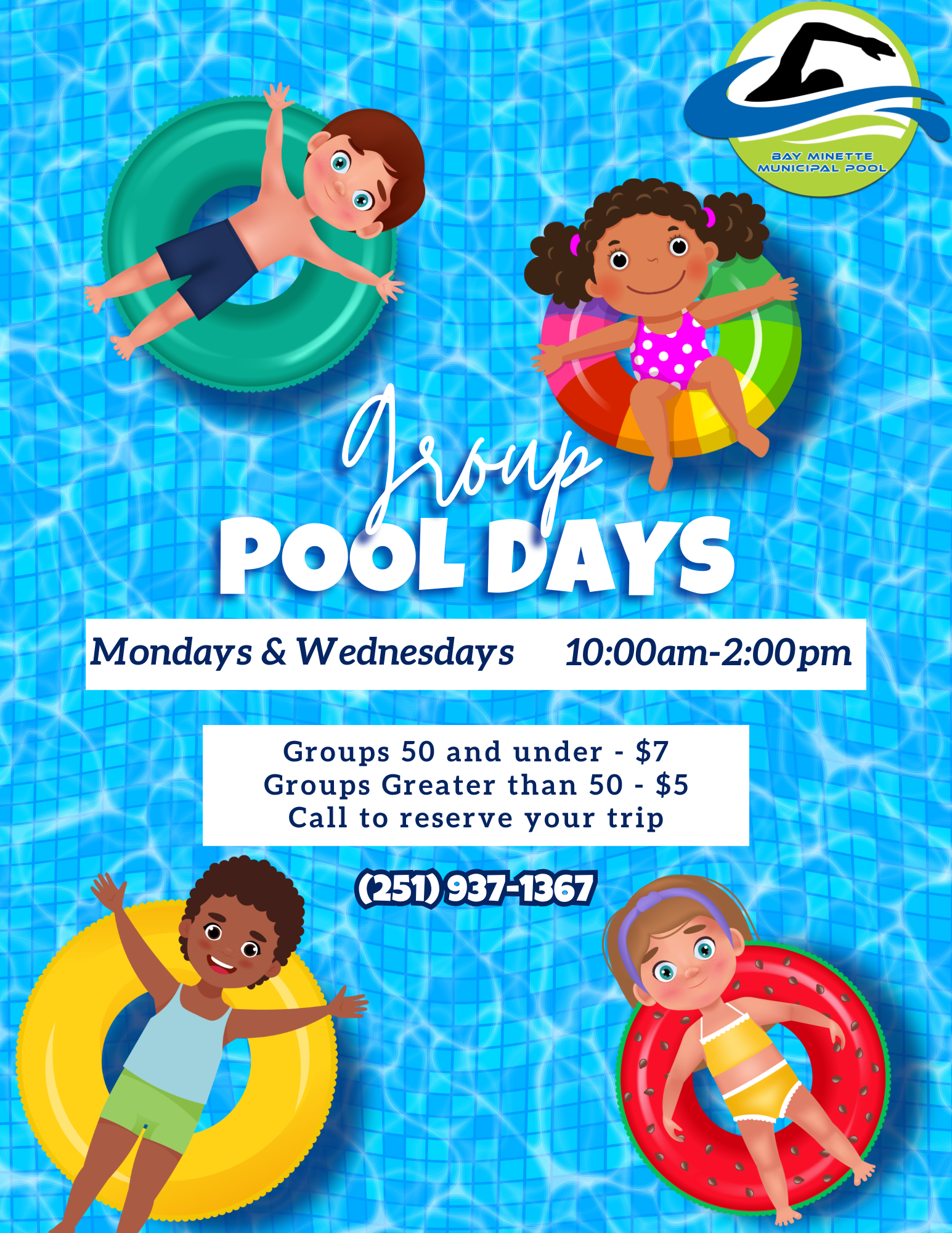 Kids on colorful tubes at a pool flyer: “Pool Days” Mondays & Wednesdays, 10am–2pm, call 251-937-1367