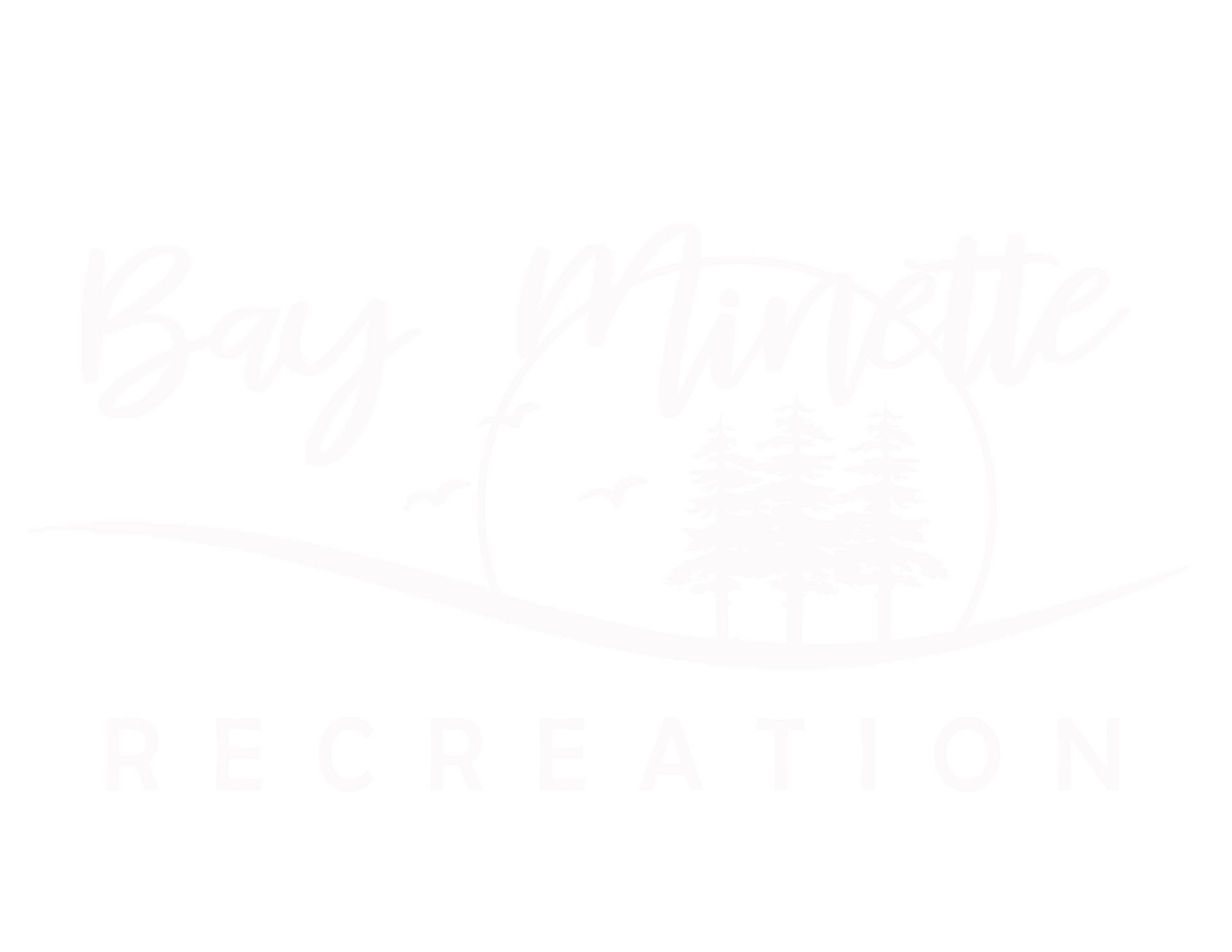 White logo for Bay Minette Recreation featuring text and a stylized sun rising over trees.