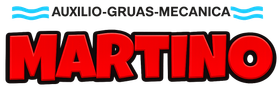 Logo de “MARTINO” en rojo con borde negro y texto pequeño “AUXILIO-GRUAS-MECANICA” arriba en azul.