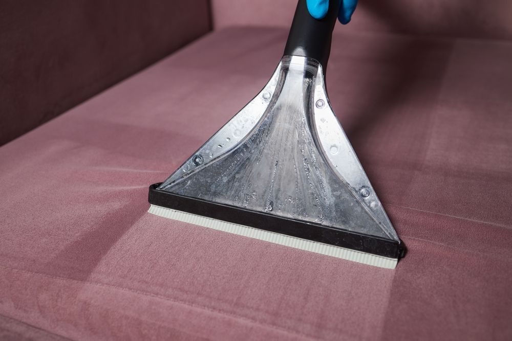 A Person Cleaning a Pink Couch With a Wet Extraction Tool; Close Up Shot — NQW Services In Tully, QLD