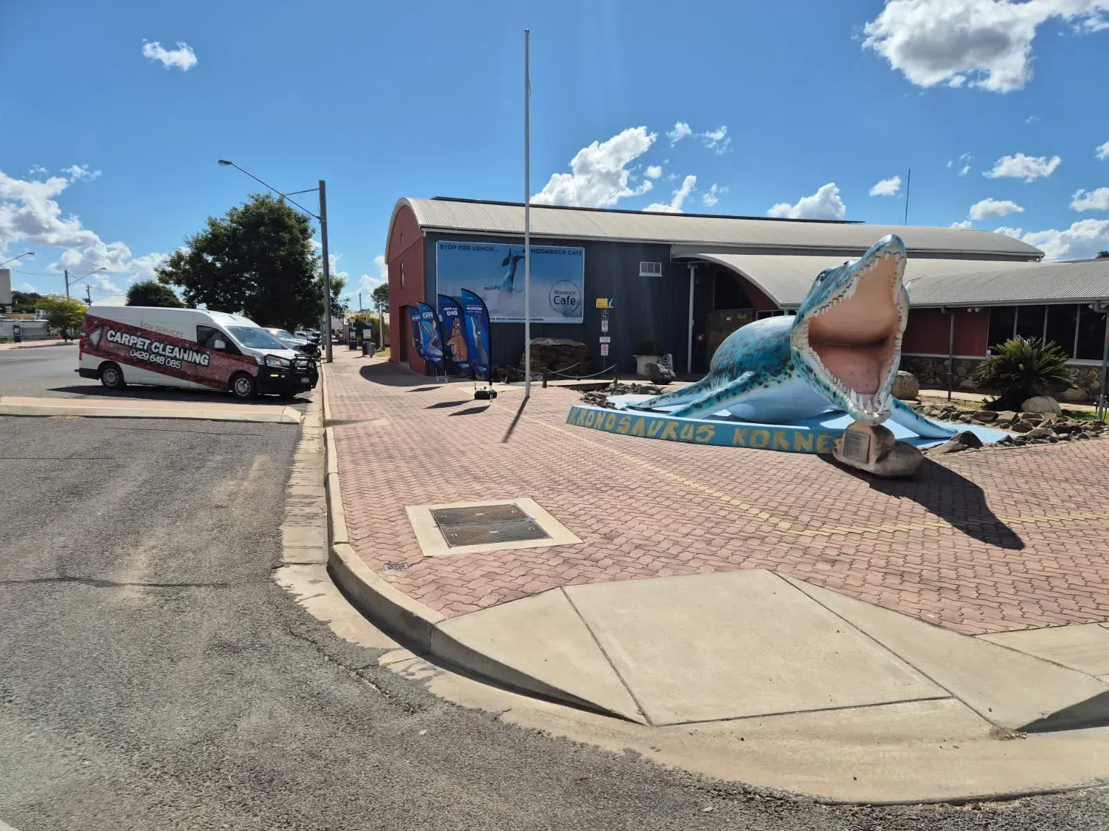 Shark sculpture outside a storefront on a sunny street corner, with a parked van nearby. — NQW Services In Tully, QLD