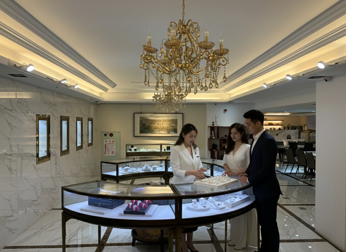 在一家燈光明亮、裝潢典雅的商店裡,一位銷售員正在向一對夫婦展示玻璃展示櫃裡的珠寶。