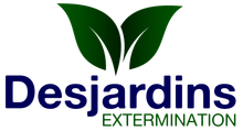 Le logo de desjardins extermination comporte deux feuilles vertes.