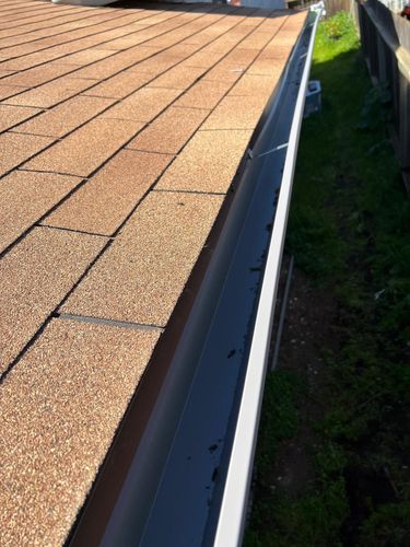 Roof shingles and a gutter along the edge of a house, with a grassy yard below.