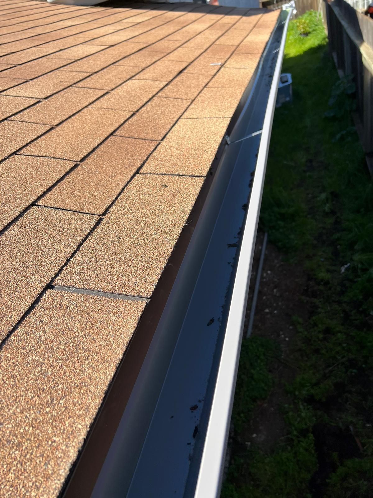 Roof shingles with a white gutter along the edge above a grassy yard