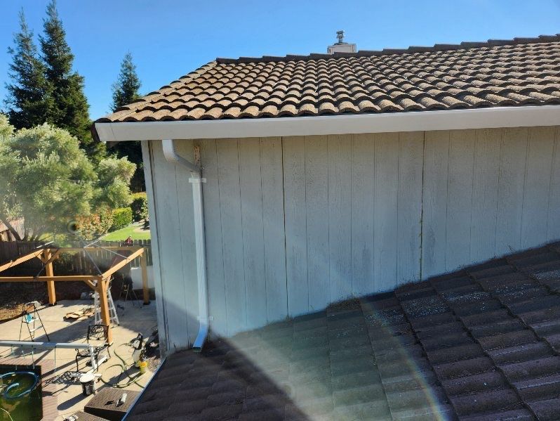 Rooftop with brown tile shingles beside a white house wall and backyard trees under a clear blue sky