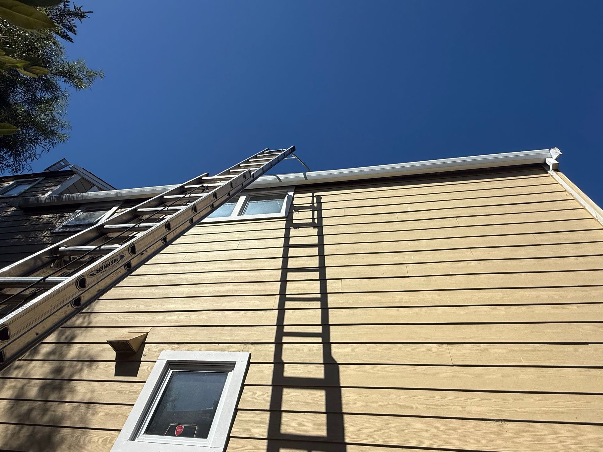 Ladder leaning against beige house exterior under a clear blue sky