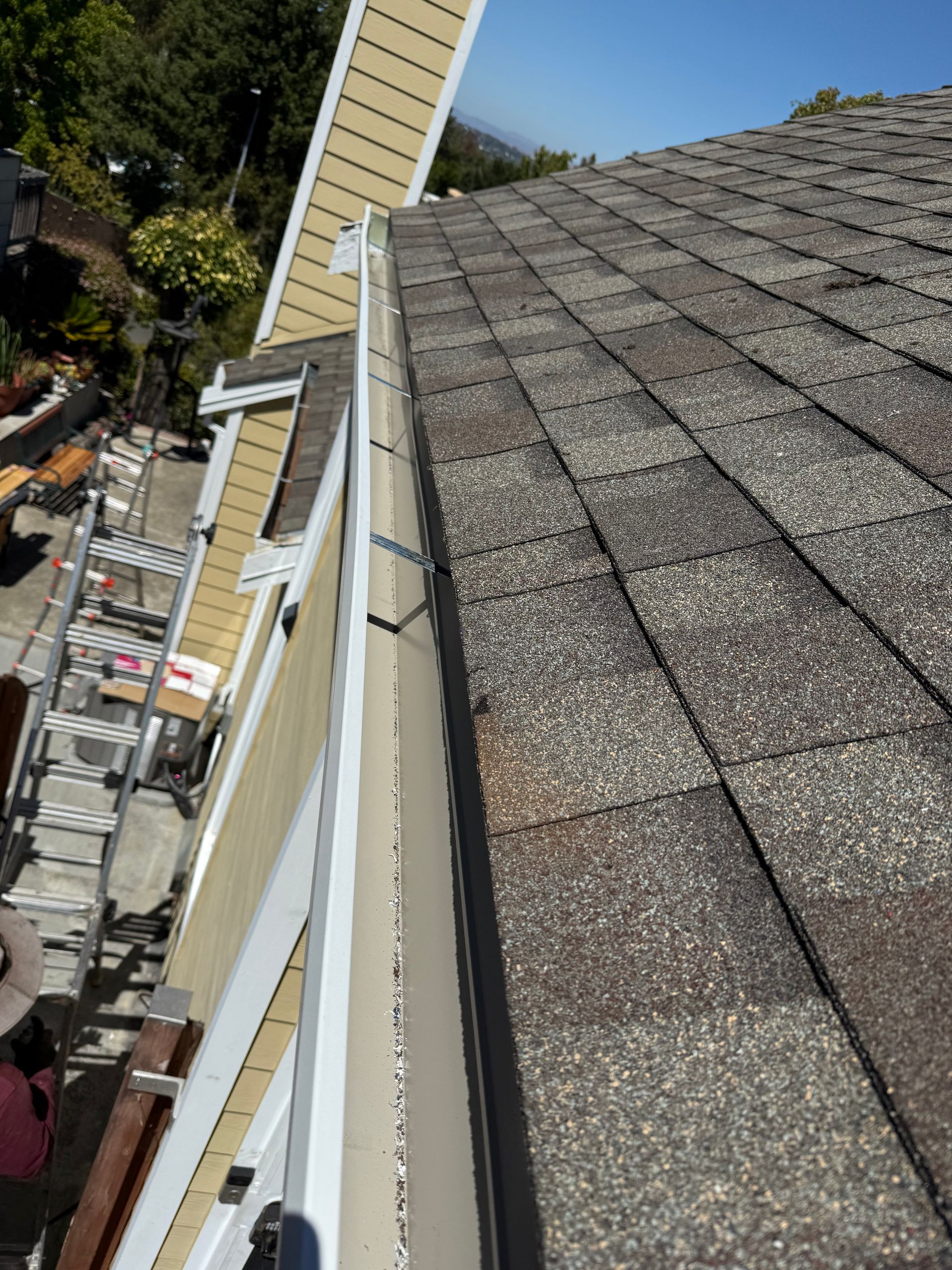 Roof shingles and gutter beside a house exterior, viewed from a steep angle.