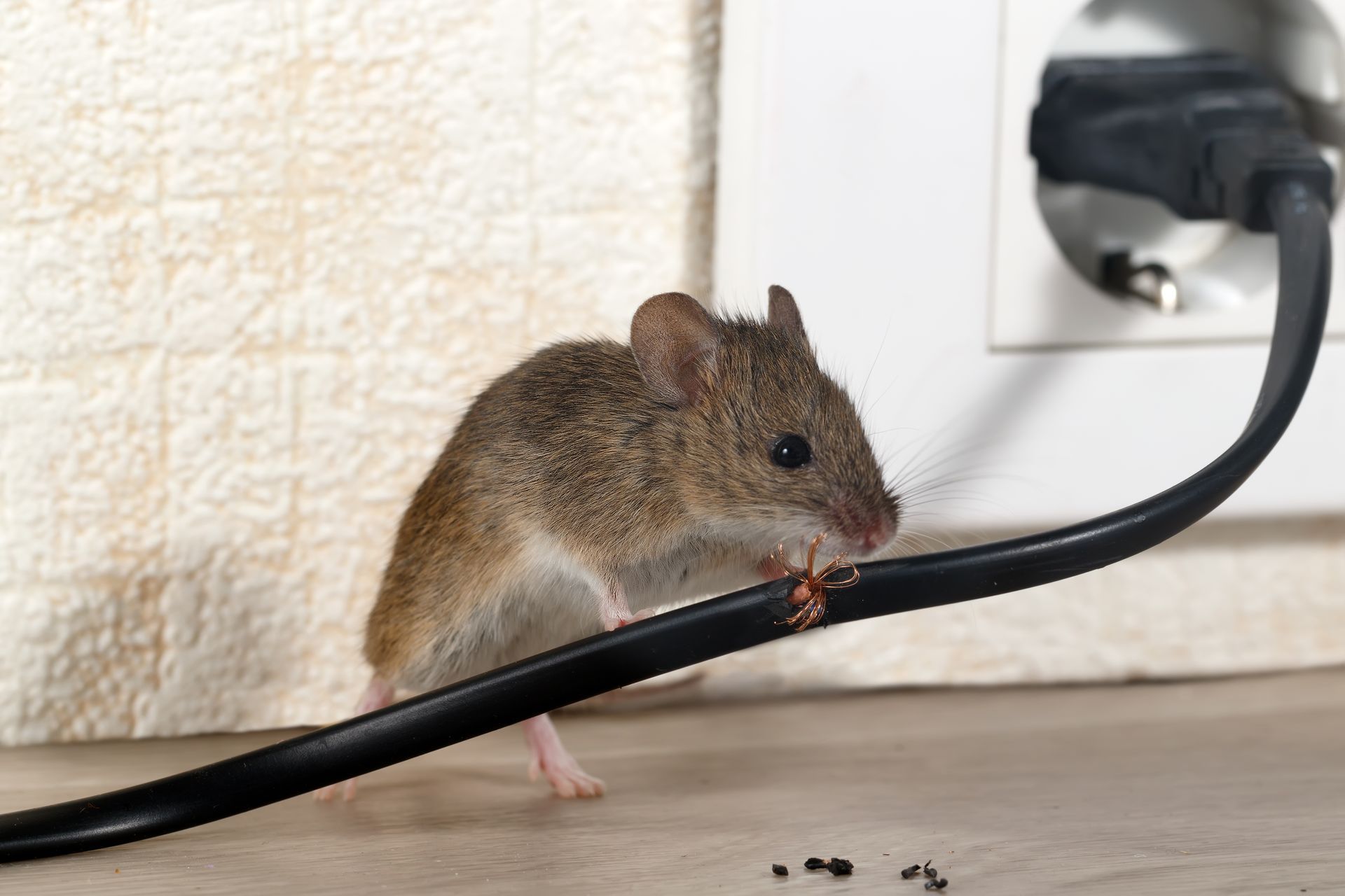 Small brown mouse nibbling a black cable against a wall near an outlet