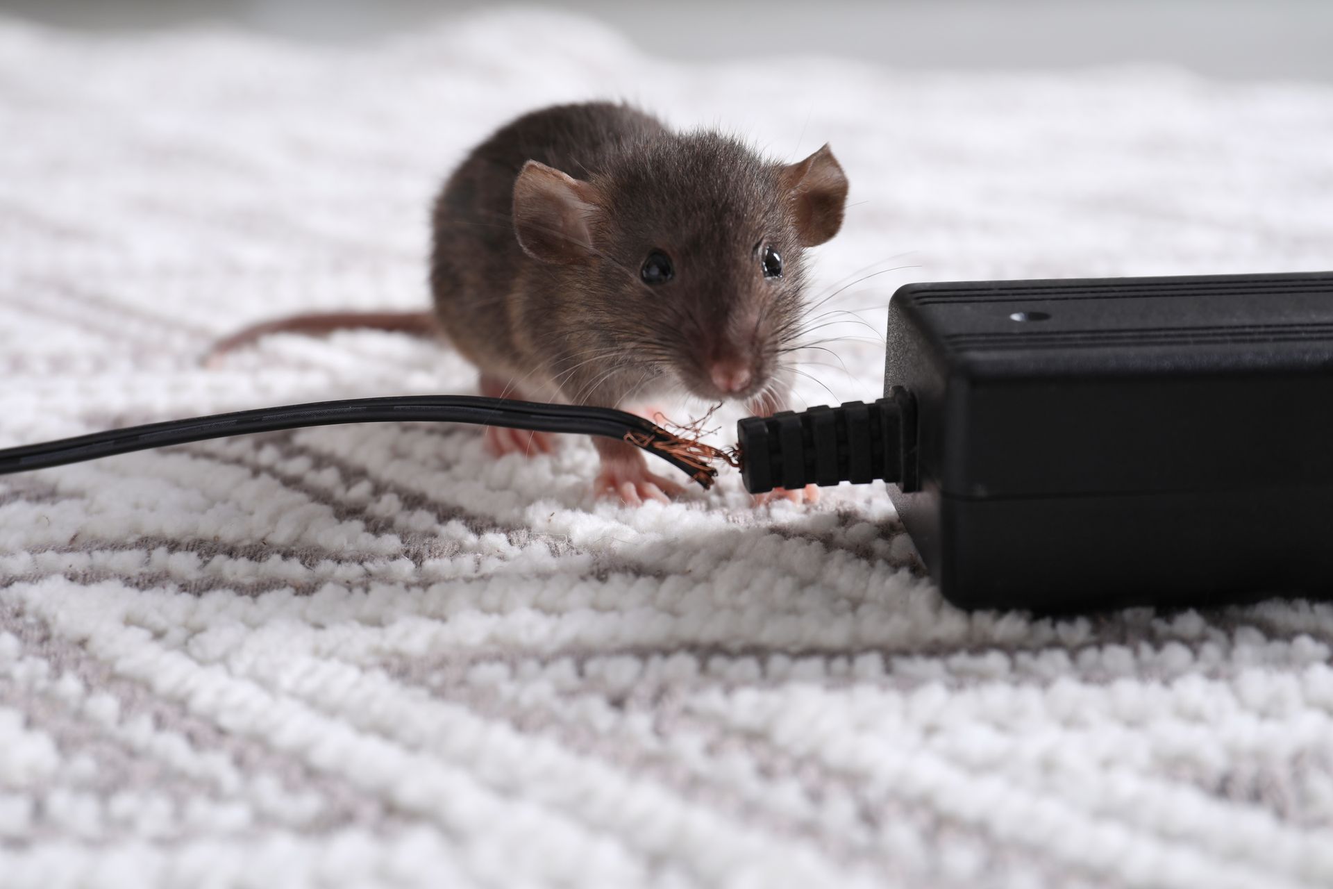 Small brown mouse chewing a black cable beside a black device on a white carpet
