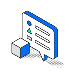 An isometric icon of a speech bubble with a cube next to it.