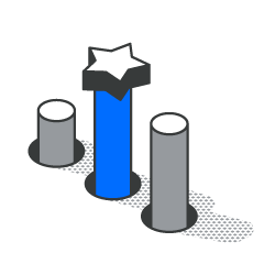 A blue cylinder with a star on top of it is surrounded by gray cylinders.