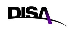 A black and purple logo for disa on a white background.
