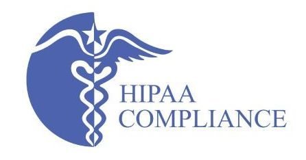 A blue logo for hipaa compliance with a caduceus and wings.