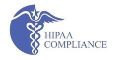 A blue logo for hipaa compliance with a caduceus and wings.