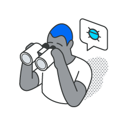 A man is looking through binoculars with a speech bubble above him.