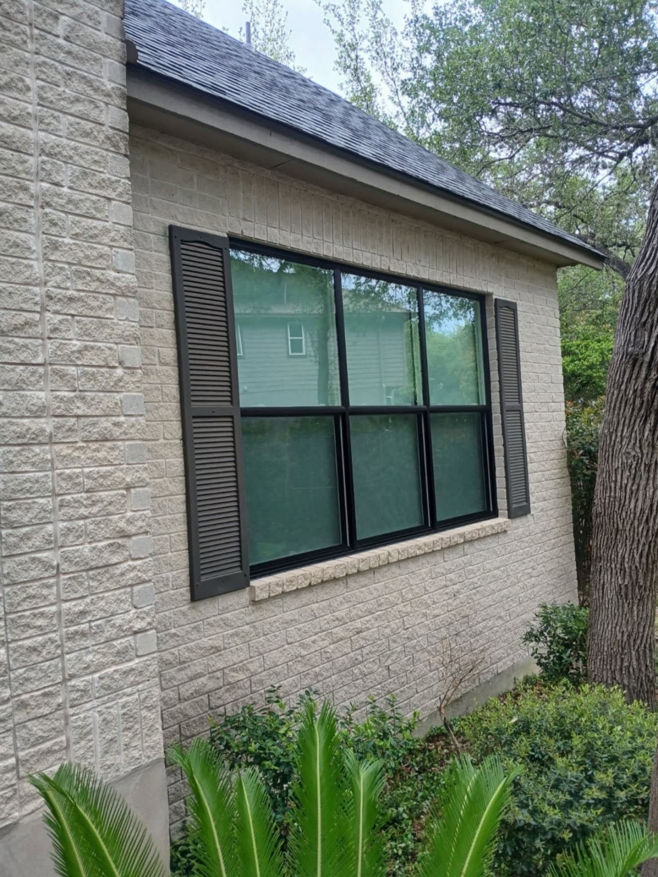 House exterior with a dark-framed window, stone wall, and shrubs in front