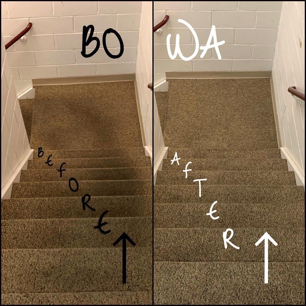 A before and after picture of a carpeted staircase.