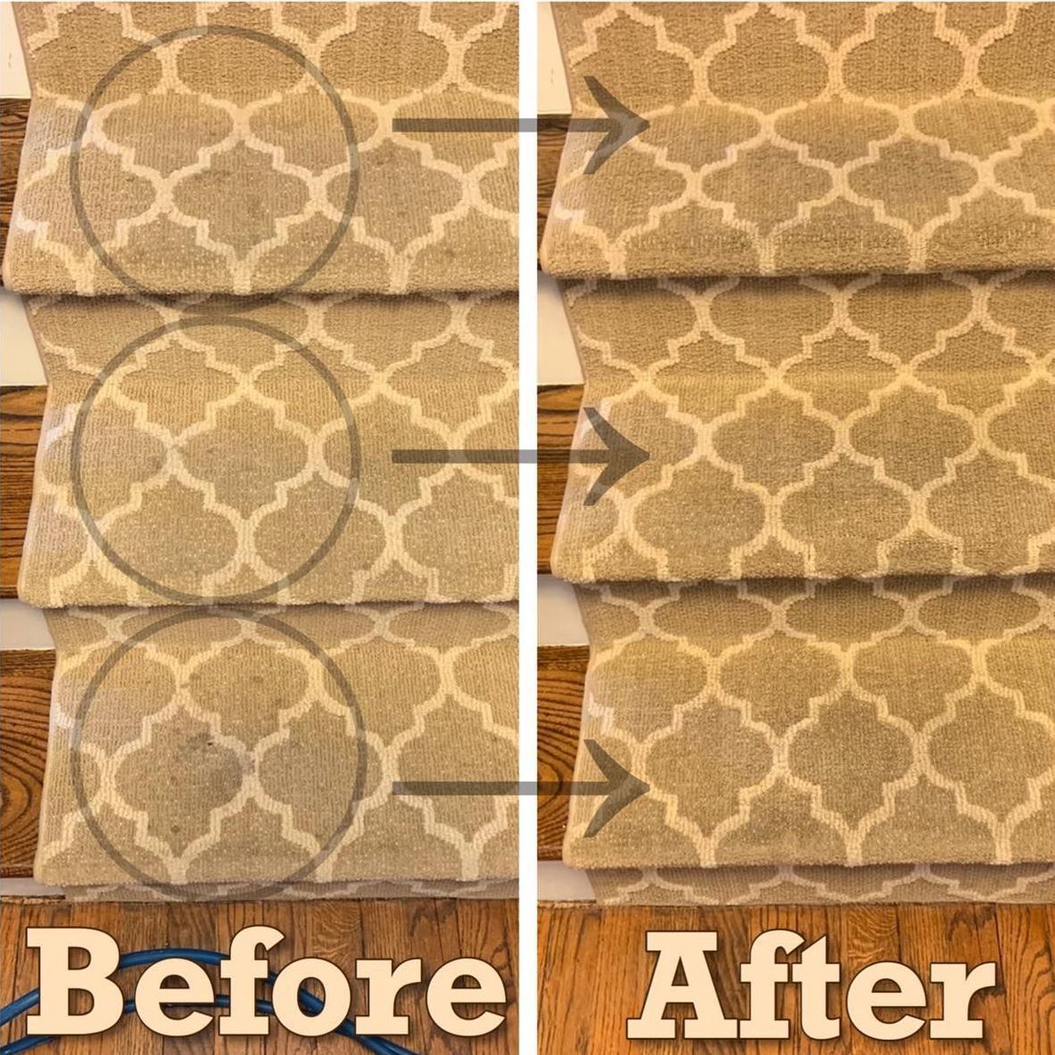A before and after picture of a rug on stairs.