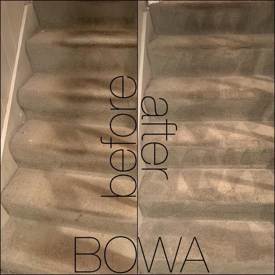 A before and after photo of a carpeted staircase.