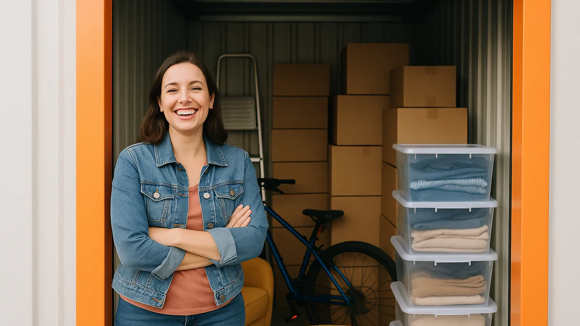 icon of lady with folded arms standing in front of storage unit