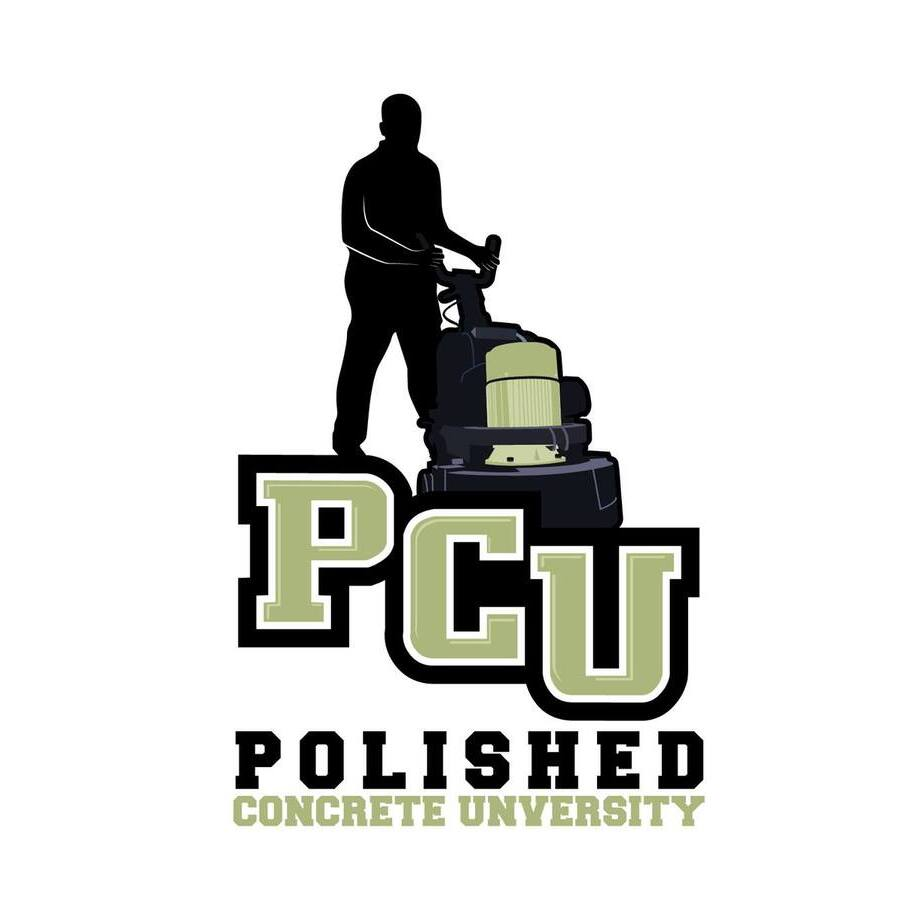 A logo for polished concrete university with a man standing on top of a machine.