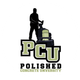 A logo for polished concrete university with a man standing on top of a machine.