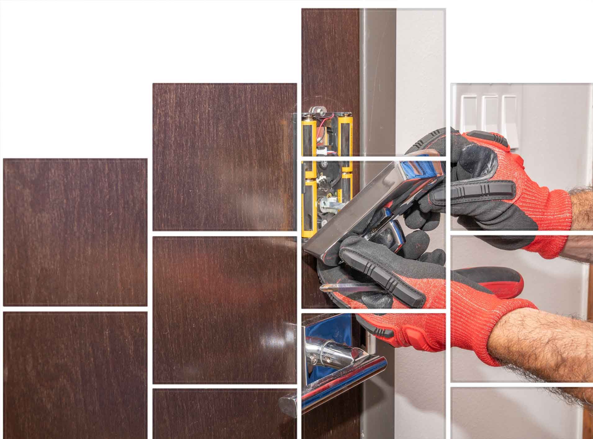 Person with red gloves using tools on a wooden surface and a white wall, likely working on a door or lock.