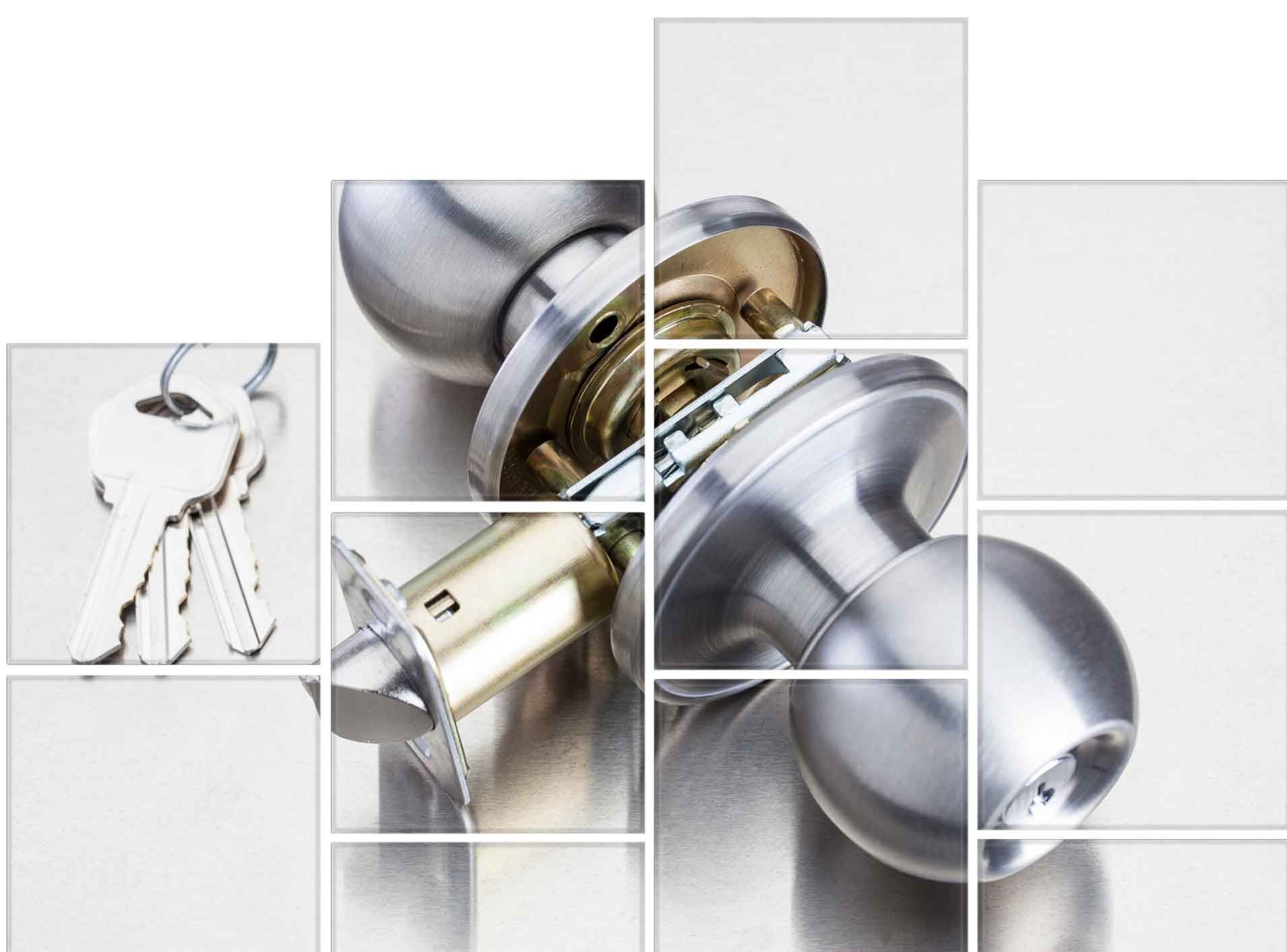 Keys and a disassembled chrome doorknob.
