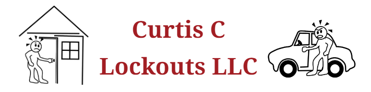 Logo for Curtis C Lockouts LLC, featuring house, car, & person figures with lock-out distress.