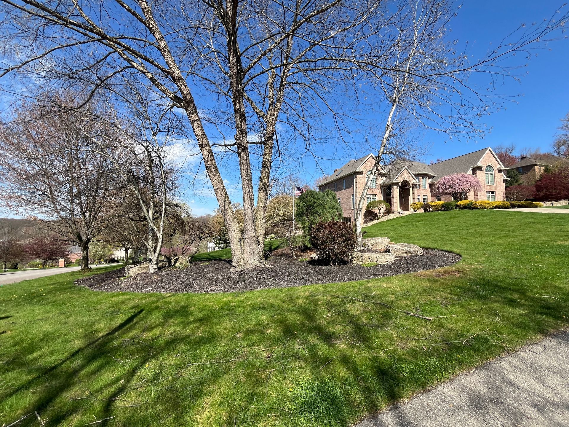 a white truck is parked in front of a house surrounded by leaves .