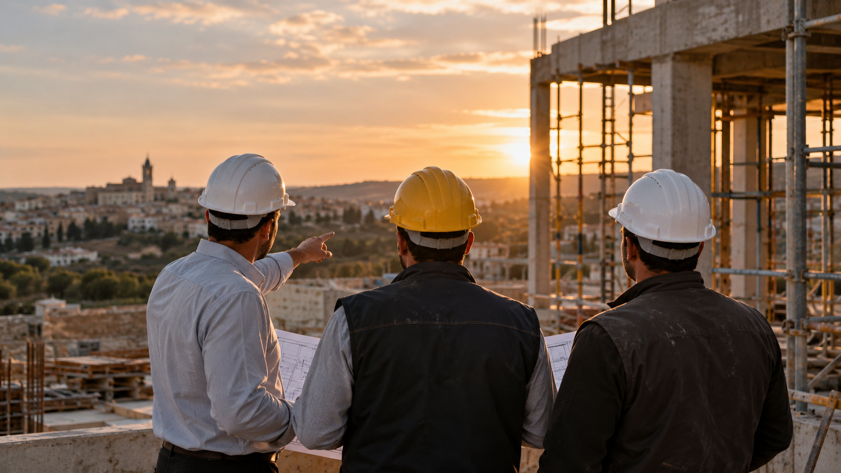 Tre operai edili con l'elmetto osservano un cantiere al tramonto.