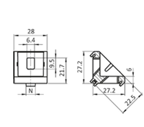 Technische tekening montagehoek aluminium Alumes voor systeemprofielen in aluminium