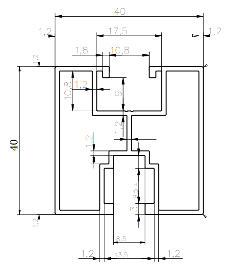 Technische tekening systeemprofiel 40x40 2G solar