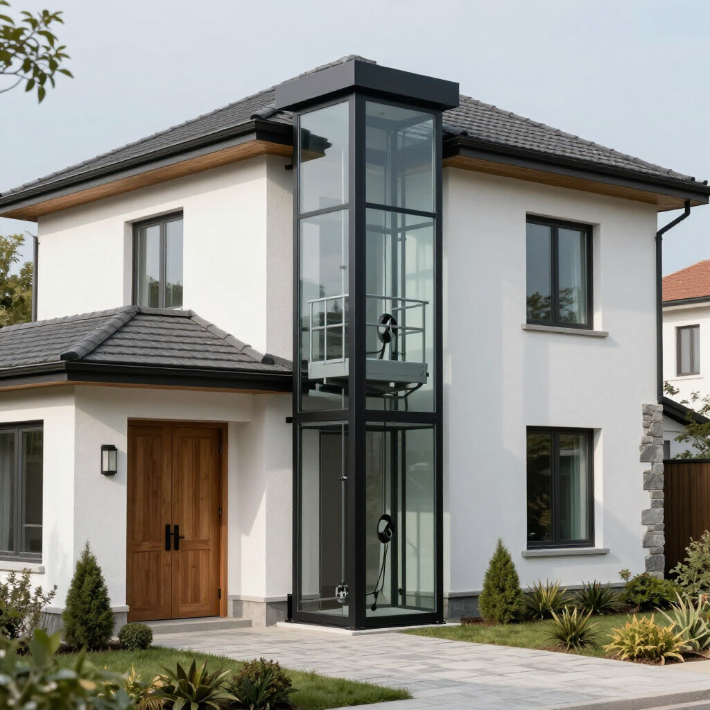 Modern two-story white house with black roof and glass elevator shaft at the front entrance