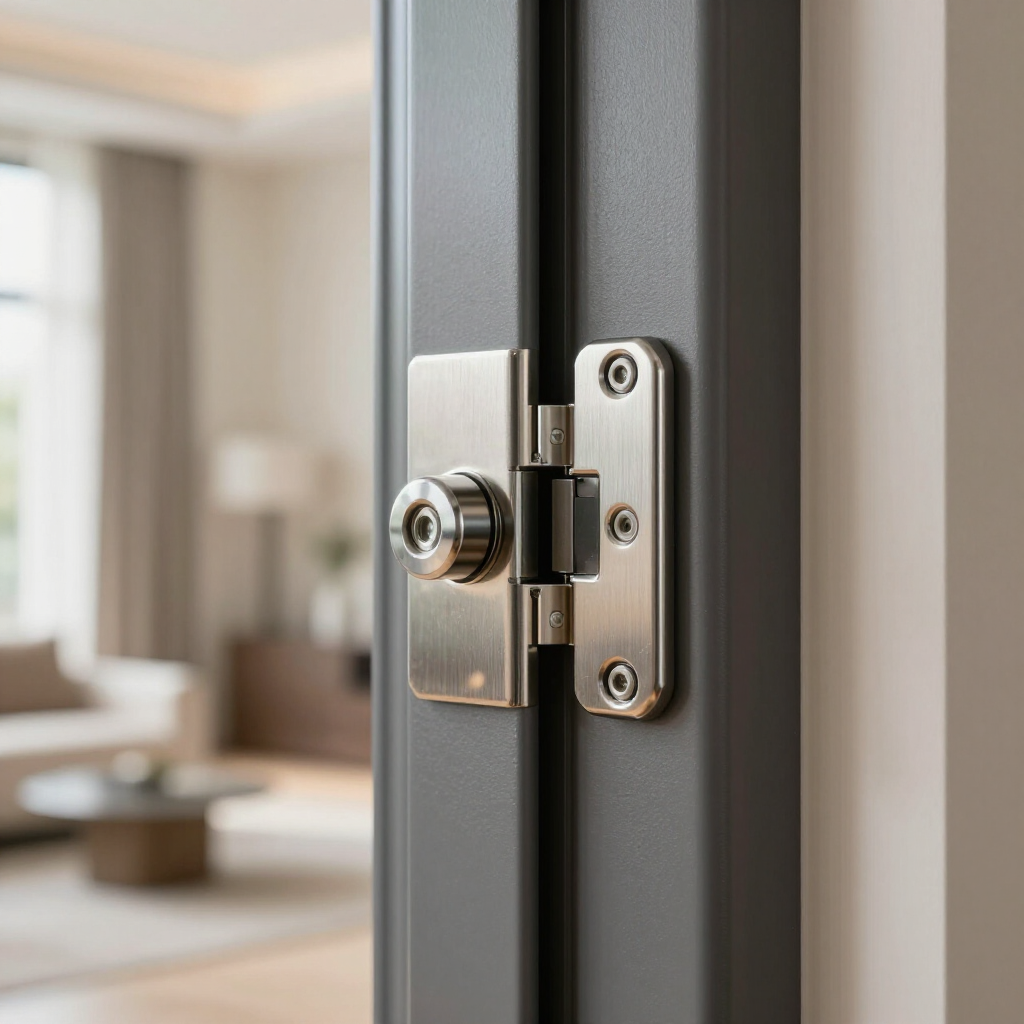 Close-up of a modern silver door latch on a dark gray door frame.