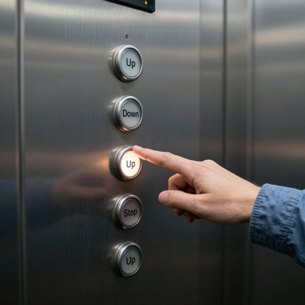 Hand pressing an illuminated elevator button on a stainless steel panel