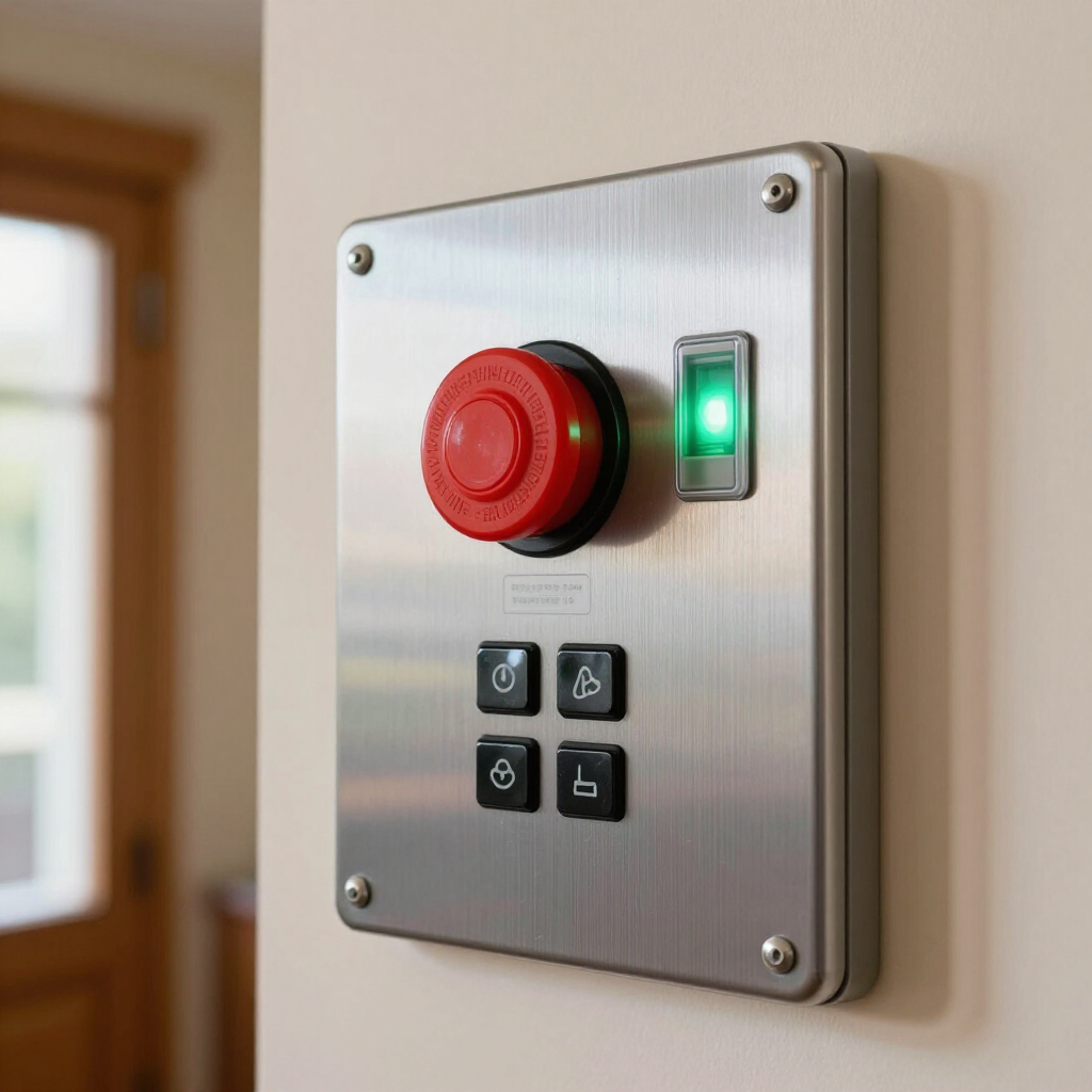 Wall-mounted brushed metal control panel with red emergency button and lit green indicator on a beige wall