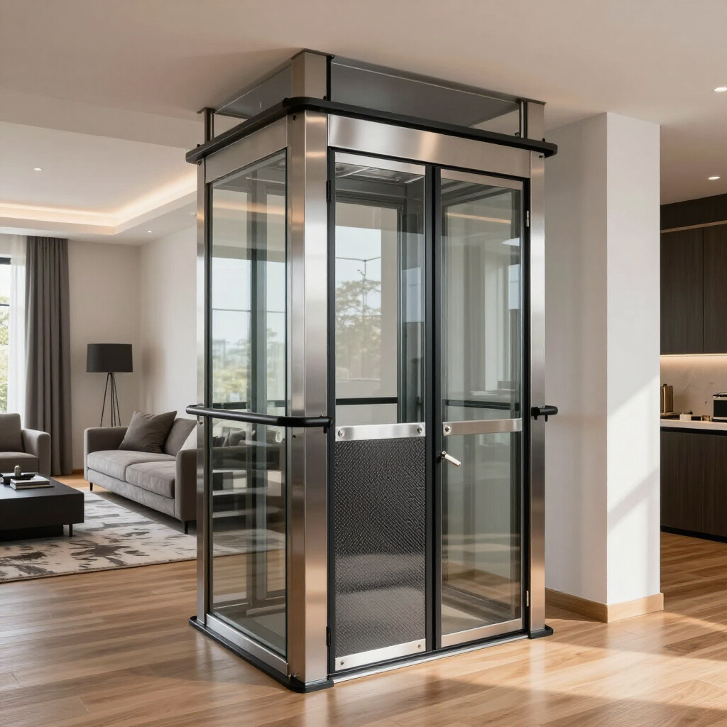 Glass residential elevator in a modern living room with wood floors and black trim