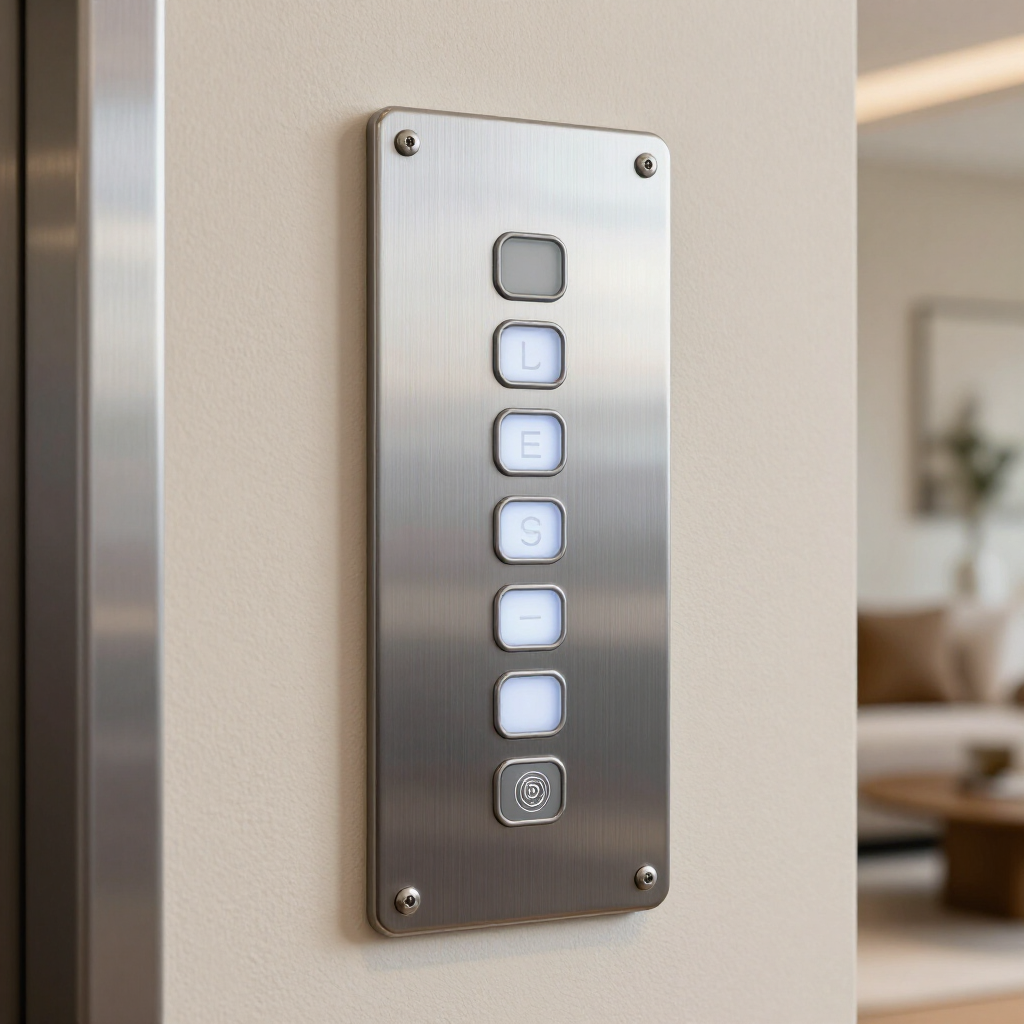 Stainless steel elevator call panel with six square buttons mounted on a wall