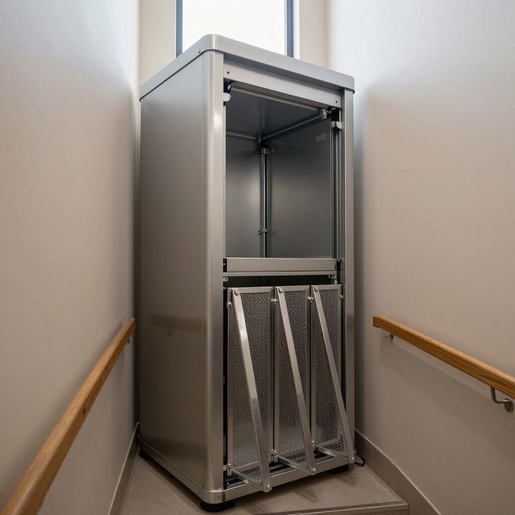 Empty gray elevator shaft with folded metal platform on a stairwell landing