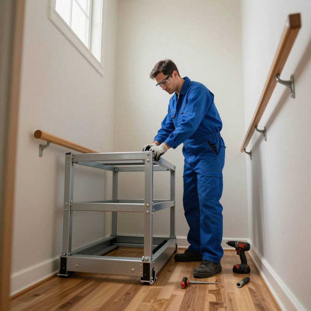 Worker assembling a metal cart on a staircase landing, with tools nearby.