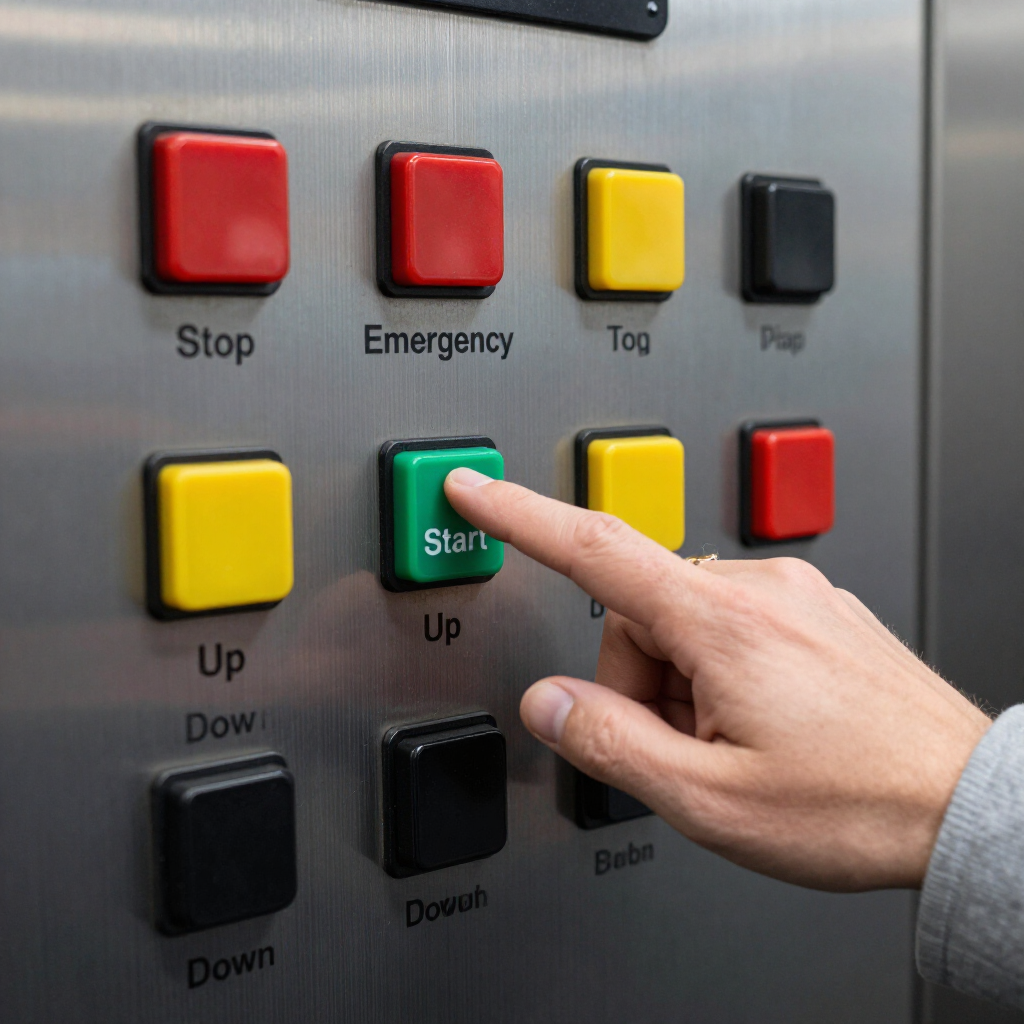 Hand pressing green Start button on industrial control panel with labeled red, yellow, and black buttons