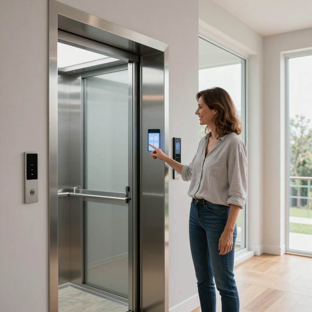 Woman using a wall-mounted touchscreen beside an open elevator in a bright modern home
