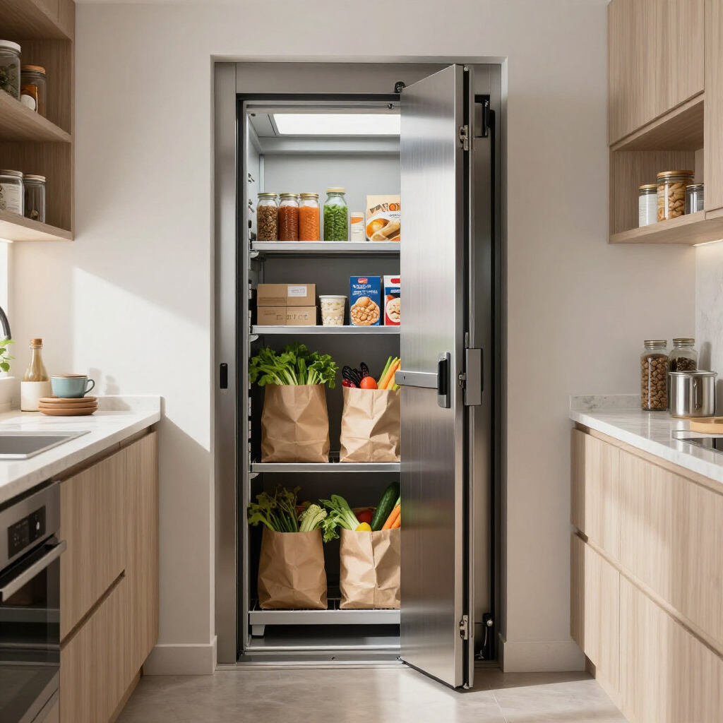 Modern kitchen with an open pantry stocked with groceries, produce, and jars