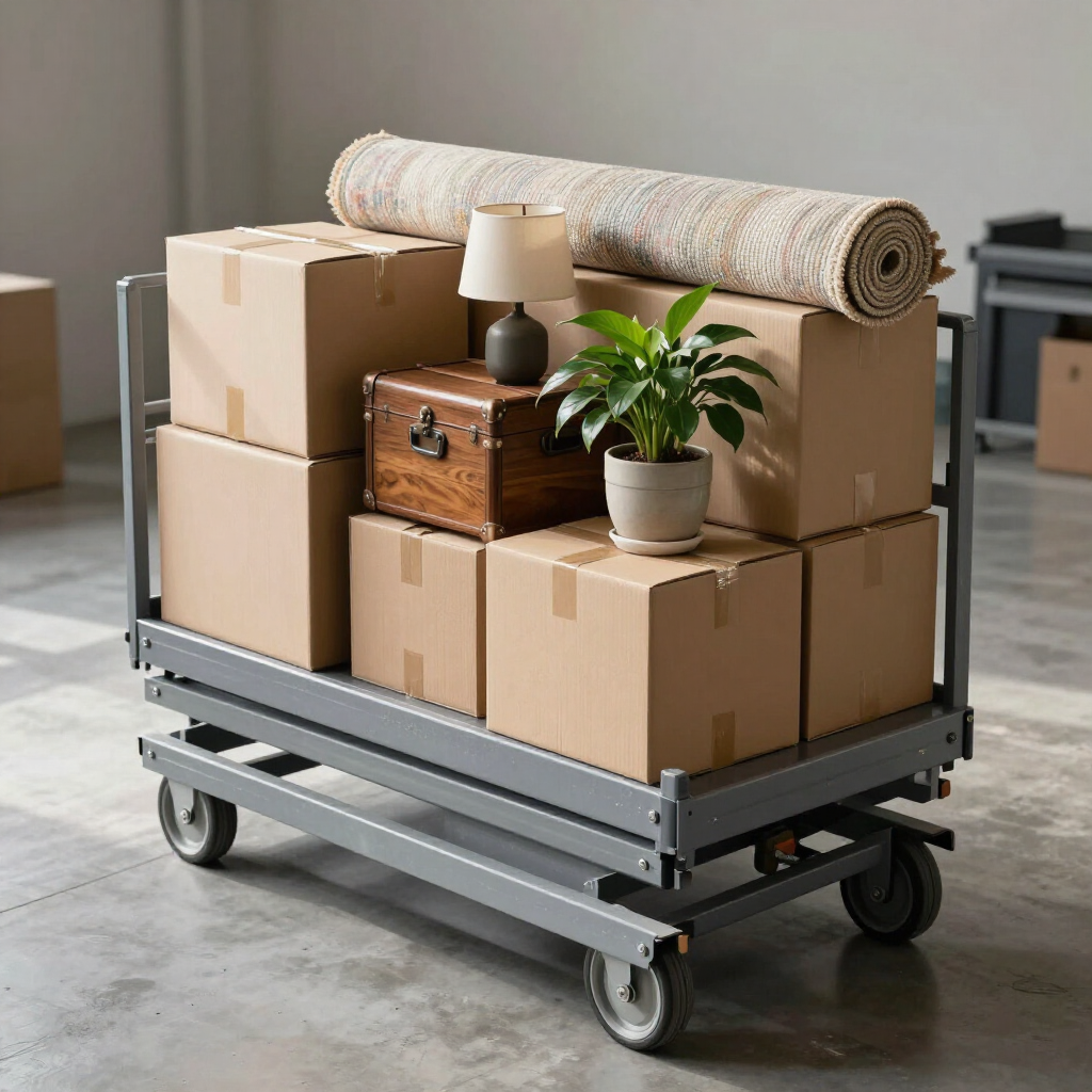 Cart loaded with cardboard boxes, a rolled rug, plants, and a small wooden chest in a warehouse-like room