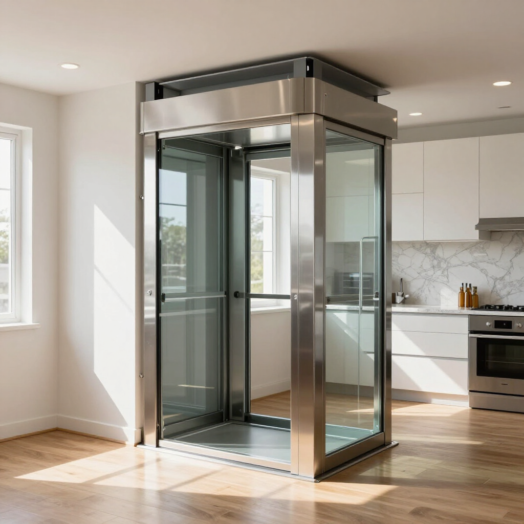 Glass elevator in a modern kitchen with sunlight and stainless steel trim